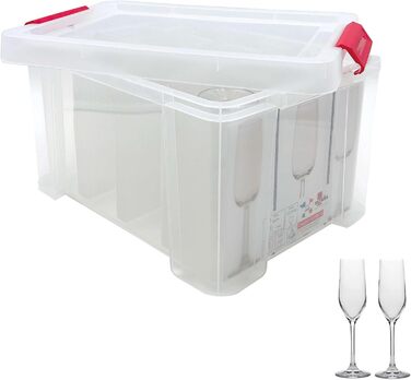 SUNDIS Glass Store, 27L Storage Box with Snap-On Lid, with 24 Compartments for Storing Stemware, Transparent Plastic, Reinforced, Stackable (Champagne Glasses)
