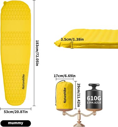 Каремат надувний Naturehike Yugu, 3.5 см, компактний, для кемпінгу, трекінгу та спорту (жовтий, форма 