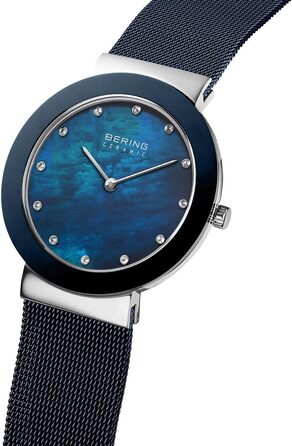 Жіночий кварцовий годинник Bering 11435: сталевий корпус 35 мм, міланський ремінець, сапфірове скло, водонепроникність 5 ATM