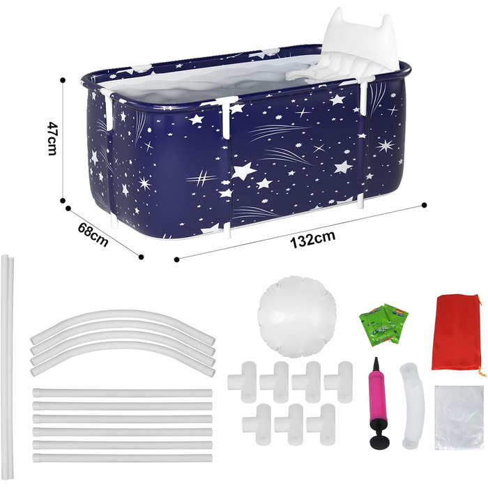 Foldable Bathtub for Adults, 132 x 68 x 47 cm, Steam Bucket for Sauna, Shower, and Ice Bath, Portable, Non-Inflatable (Blue)
