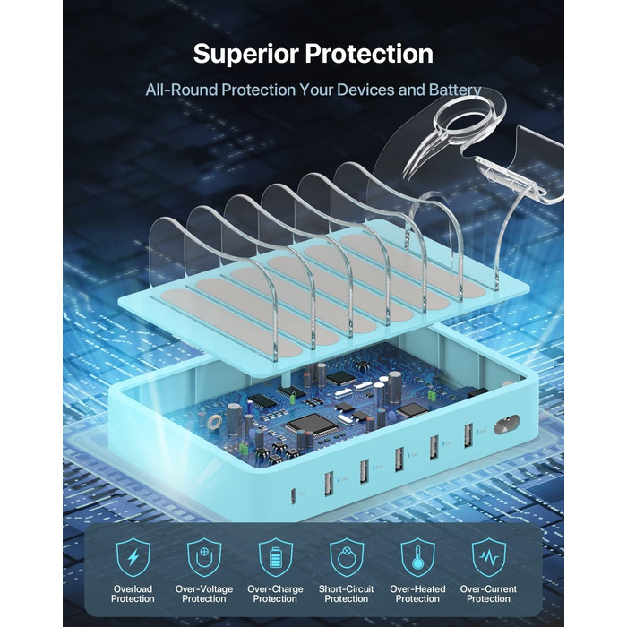 Зарядна станція SooPii USB 60W/12A, 6 портів, органайзер для декількох пристроїв з тримачем для Apple Watch, 6 кабелів (синій)