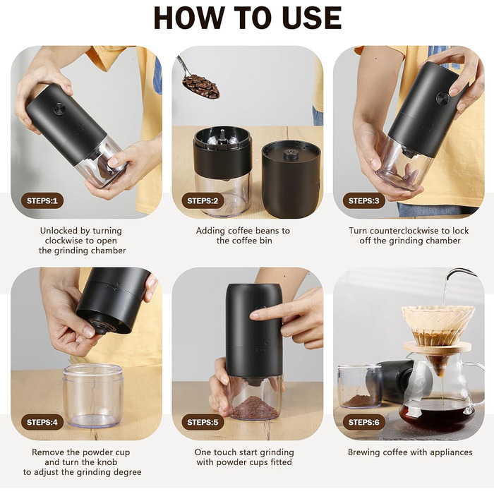 Weinsamkeit Coffee Grinder, USB Rechargeable Electric Coffee Grinder with Ceramic Burr Grinder Adjustable Coarseness Espresso Coffee Grinder Portable Electric Grinder for Coffee Beans Spices Beans