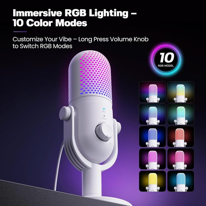 USB Мікрофон для ПК, Gaming RGB Mikrofon PS4/PS5 - для стрімінгу, YouTube, подкастів (білий)