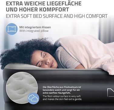 Надувна матрац 2 персони ML-Design 203x157x47 см сірий, сертифікат TÜV, самонадувний з електричною помпою 230V, для кемпінгу, гостьовий двоспальний матрац + сумка для перенесення сірий