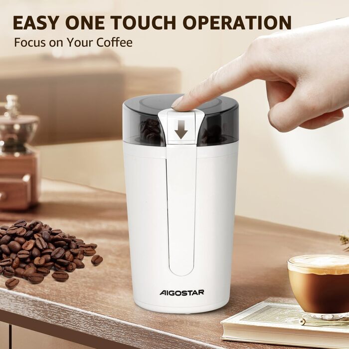 Електрична кавомолка Aigostar Blanche з регулюванням ступеня помелу, BPA Free, 60г, 200W, біла