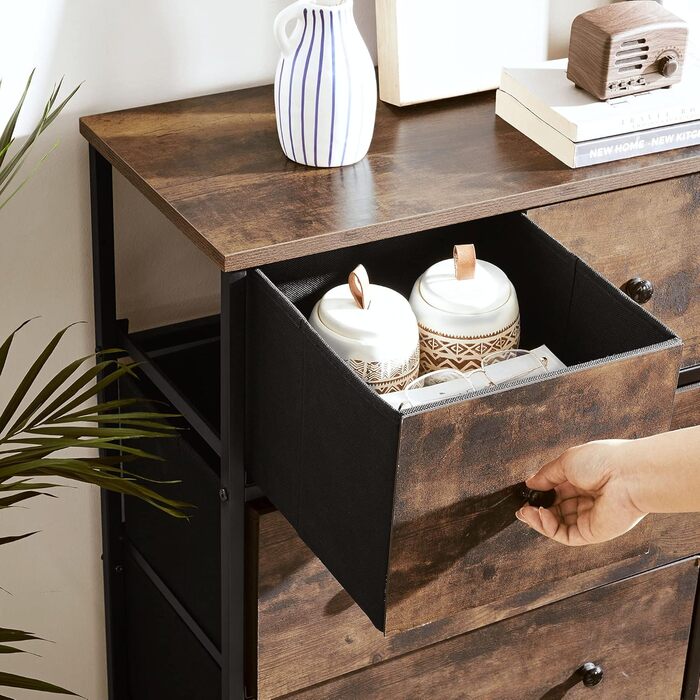 SONGMICS Chest of Drawers, Storage Cabinet, 5 Fabric Drawers, for Entryway, Living Room, White-Oak Finish LTS514W57 (Rustic Brown + Black)