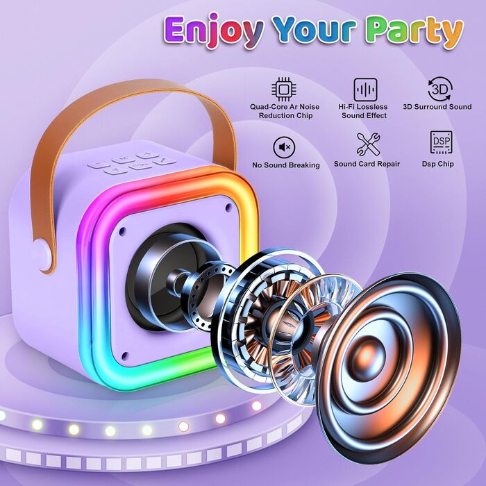 Караоке машина Spinosaurus для дітей з 2 мікрофонами, Bluetooth, LED-підсвічуванням. Ідеально для свят та подарунків (пурпурно-червоний)