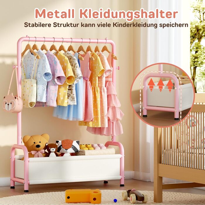 Дитяча вішалка для одягу Kinder Garderobe, 80x30x125 см, рожева. З гачками та кошиком для зберігання, U-подібна основа.