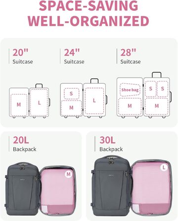 ECOHUB Органайзер для валізи, набір 6 шт. з ID-міткою, еко-пакувальні куби, легкі дорожні сумки, органайзер для рюкзака, патендована модель (Темно-рожевий)