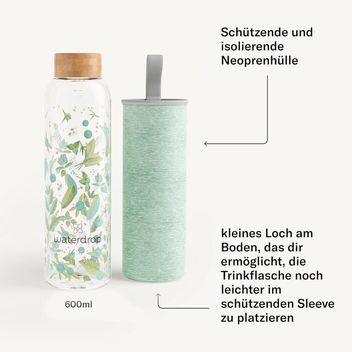 waterdrop® Edition Glass Bottle 600ml Drinking Bottle - Leak-proof glass bottle, suitable for carbonated drinks | BPA-free water bottle including neoprene sleeve | Dishwasher-safe, lightweight borosilicate glass bottle (Clean Melange)