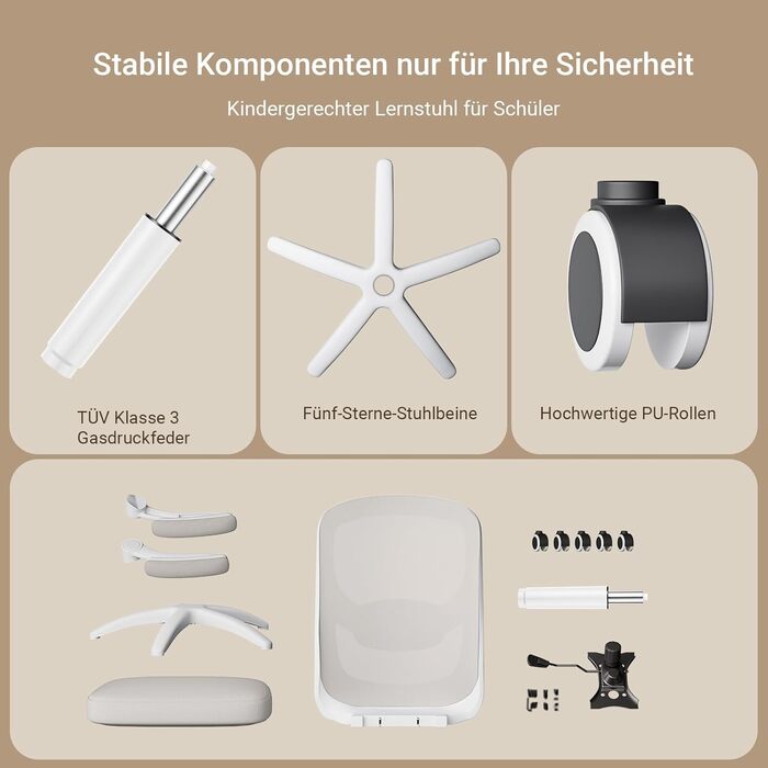 Офісний стіл ергономічний, комп'ютерний стілець з 4D поперековою підтримкою, регульовані підлокітники, сітчаста спинка, відповідає EN12520, сірий бежевий