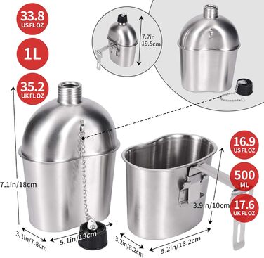 Goetland Stainless Steel US Military Field Bottle Set 1.2l with 0.6l Cup Nylon Bag Water Bottle Cooking Pot Camping Cup (1 Liter with 0.5 Liter)