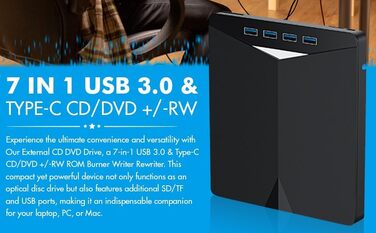 Зовнішній USB 3.0 CD/DVD-привід для ноутбука та ПК, портативний DVD-плеєр з 4 USB-портами та 2 слотами для TF/SD карт