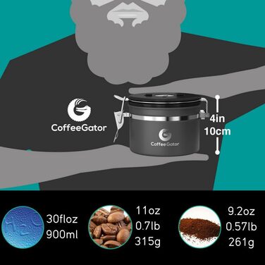 Контейнер для кави Coffee Gator з нержавіючої сталі - зберігає каву свіжою довше. З датою розкриття, CO2-вентилем та мірною ложкою. Маленький, сірий.