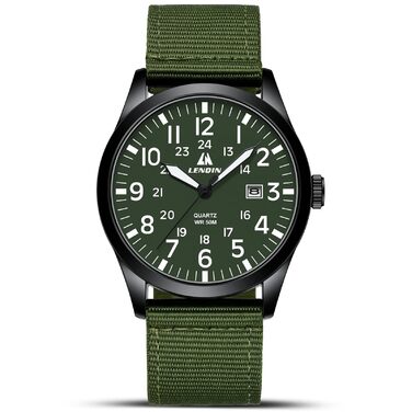 Годинник чоловічий LN LENQIN Military 30M водонепроникні годинники з датою, тактичний годинник для спорту, армійський стиль, ремінець з нейлону (зелений, чорний, білий)