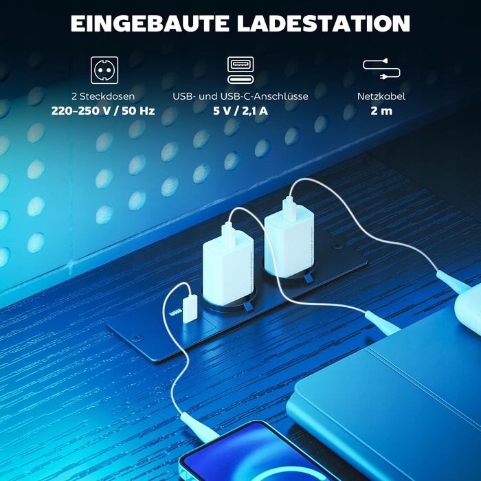 Геймерський L-подібний стіл з LED-підсвіткою та розетками