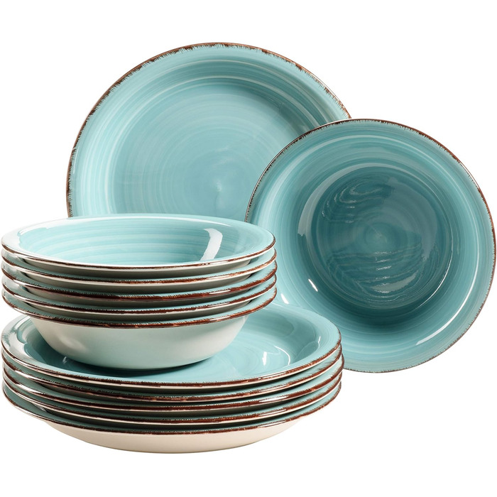 MÄSER Bel Tempo II Dinnerware Set for 6 People with a Modern Vintage Look, 12-Piece Tableware Service, Hand-Painted, Turquoise, Stoneware, 27 centimeters