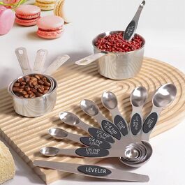 Sinnlicht 13-Piece Measuring Cup and Spoon Set, 4 Stainless Steel Measuring Cups and 8 Magnetic Measuring Spoons, 1 Leveler for Dry and Liquid Kitchen