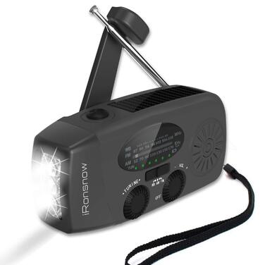Сонячна радіостанція iRonsnow з ручним заводом, ліхтариком LED, 2000mAh AM/FM, USB зарядка, Powerbank, для походу, кемпінгу (Чорний)