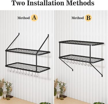 Warmiehomy Kitchen Wall Pot Rack, Wall Shelf Kitchen with 10 Hooks, 2-Layer Pot Pan Organizer, Hanging Spice Rack, Wall Mounted Kitchen Utensil Holder Kitchen Shelf (74.9x34.8x58.9 cm)