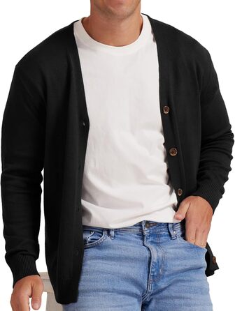 Чоловіча в'язана кофта NITAGUT з вінтажним смугастим дизайном, довгі рукави, V-подібний виріз, ґудзики (S, Чорний)