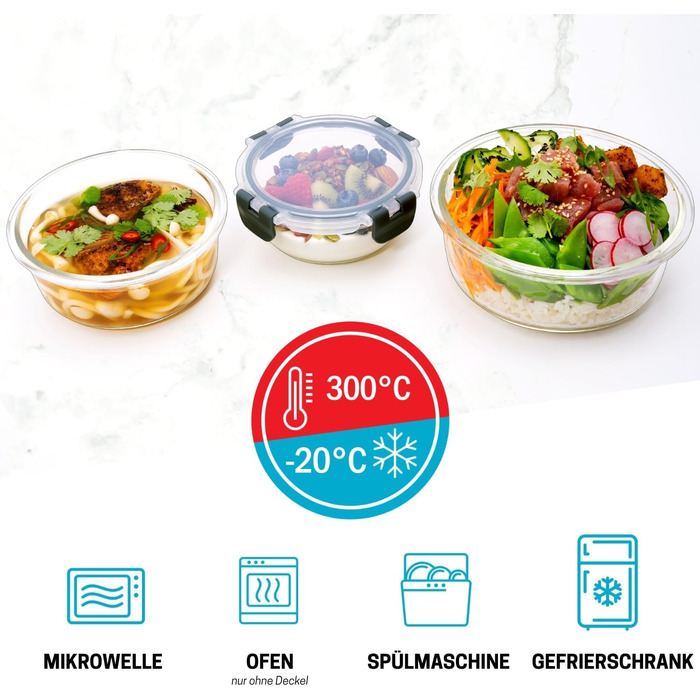 Контейнери для їжі Igluu Meal Prep, скляні, набір 3 шт (400/650/950 мл) - BPA-free, мікрохвильовка, духовка, морозилка, посудомийка
