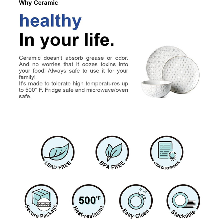 Набір посуду LE TAUCI: 12 елементів (4 сервізи) – тарілки, десертні тарілки, миски, білий колір, для миття в посудомийній машині