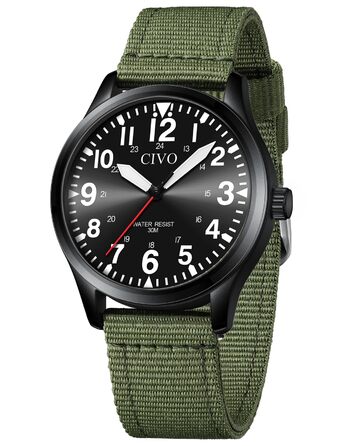 Годинник чоловічий CIVO водонепроникний з надійним ремінцем з нейлону, аналоговий кварц, великі цифри, світловідбиваючий, спортивний, для активного відпочинку, легкий у читанні, ідеальний подарунок (нейлон, B-2 зелений/чорний)