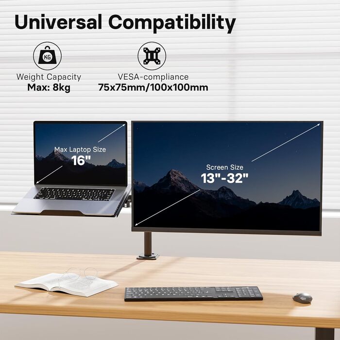 Кріплення для монітора Redbat з відділенням для ноутбука, Dual Screens, повністю регульоване для LCD LED екранів 13-32 дюймів до 8 кг та ноутбуків до 16 дюймів, нахил, поворот та обертання, 2 способи кріплення