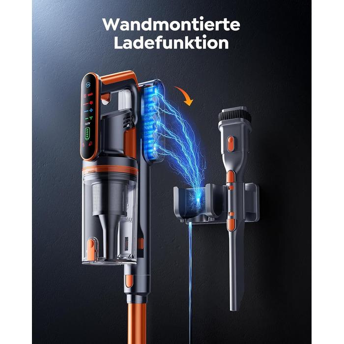 Бездротовий пилосос Fieety з акумулятором, 600W, 50kPa, 65 хв роботи, док-станція на стіні, ароматерапія, автоматичний режим, сенсорний дисплей, висувний шланг 1 м для твердих поверхонь, килимів, шерсті тварин та авто