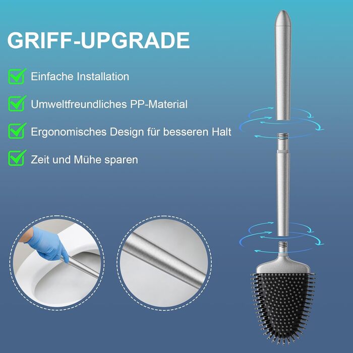 Щітка для унітазу з силікону Waretary з тримачем, нержавіюча сталь, гнучкий наконечник, швидке висихання, для ванної кімнати (срібляста)