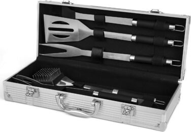 Набір гриль-посуду Lehmann з нержавіючої сталі в кейсі | Комплект аксесуарів для гриля з лопаткою, виделкою та щипцями | Ідеальний подарунок для чоловіків та жінок