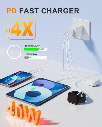 Мережевий зарядний пристрій USB C на 40W з 4 портами, PD3.0, для iPhone, iPad, Samsung, білий