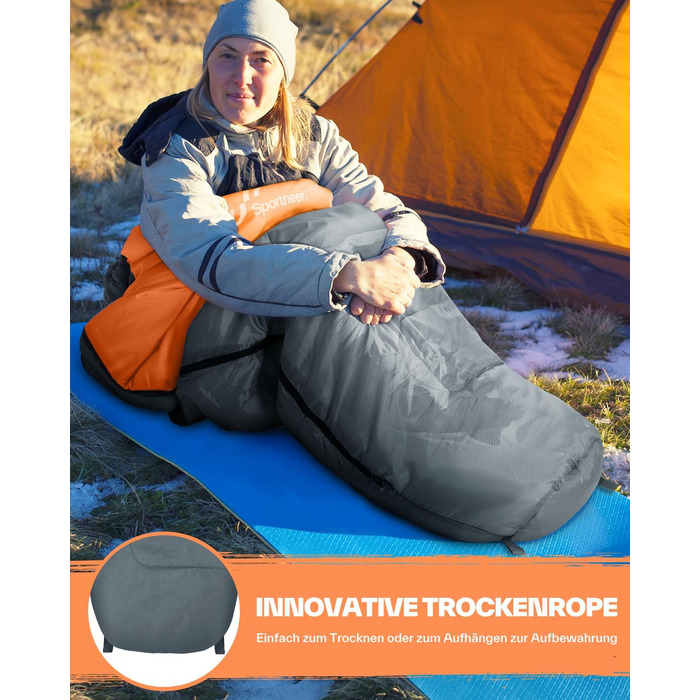 Сплячий мішок Sportneer - компактний та ультралегкий (950г/1500г) - кокон для кемпінгу, подорожей та відпочинку на природі. Підходить для чоловіків, жінок та дорослих. Односезонний/трисезонний спальний мішок (Помаранчевий, літо)