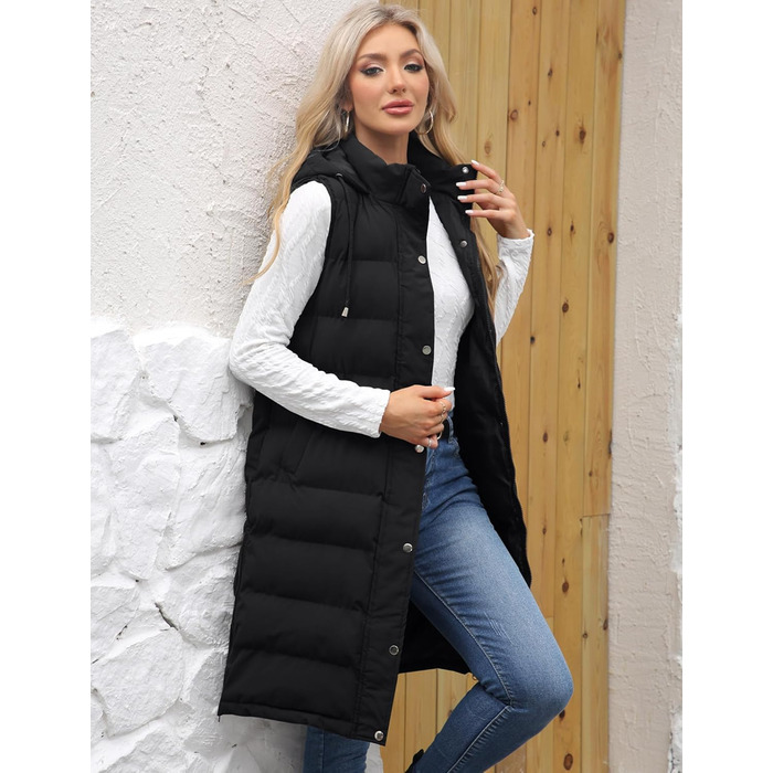 Жіноча зимова жилетка Maeau: тепла, довга, з капюшоном та кишенями (чорний, XXL)