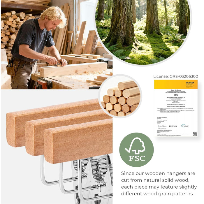 Дерев'яні вішалки для штанів та одягу HOUSE DAY з кліпсами, 25 шт. Вішалки для спідниць, дерев'яні білі вішалки для одягу, компактні вішалки для штанів з обертовим гачком 360°, ширина 35,5 см (натуральне дерево)