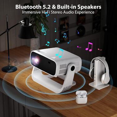 Розумний проєктор Beamer Full HD 1080P, 25000 люмен, Android 11, вбудовані додатки, 4D корекція трапеції, WiFi 6 & BT 5.2, проєктор для домашнього кіно 4K з поворотним підставою 120°, сумісний з iOS/Android/Laptops (Срібний)