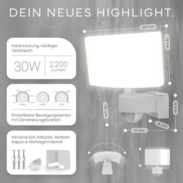 MATO® LED Floodlight with Motion Sensor Outdoor - 30W Wall Outdoor Light with Motion Sensor - 3000K Warm White, IP65, White - Outdoor Lamp with Motion Sensor, Outdoor Floodlight, Wall Floodlight, Wall Light