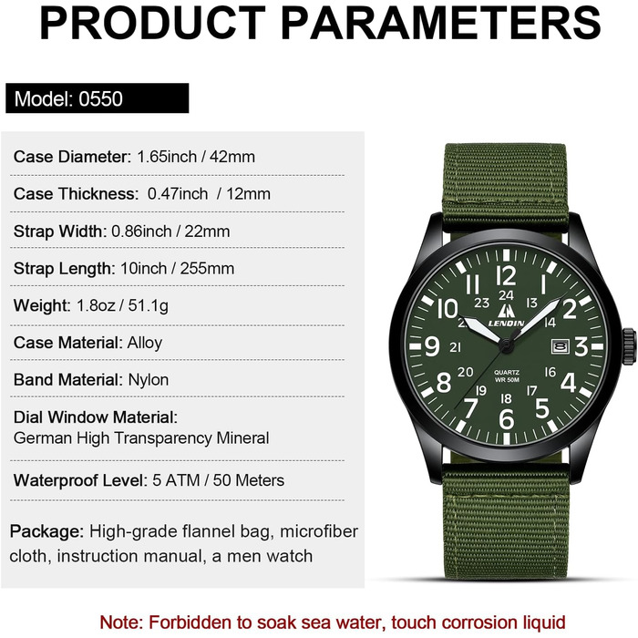 Годинник чоловічий LN LENQIN Military 30M водонепроникні годинники з датою, тактичний годинник для спорту, армійський стиль, ремінець з нейлону (зелений, чорний, білий)