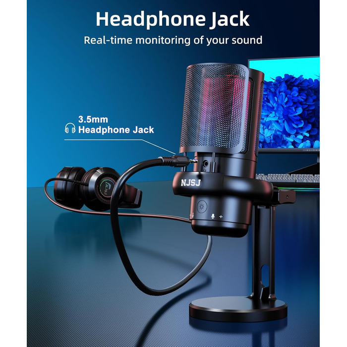 Мікрофон для ПК NJSJ Gaming RGB, для стрімінгу та запису, USB, сумісний з PS4/PS5/Mac, з регулятором гучності, чорний