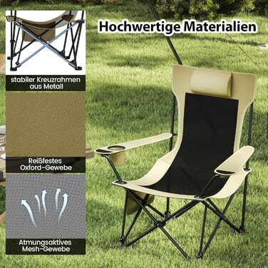 Крісло для кемпінгу та риболовлі Costway з підставкою для ніг, регульованою спинкою, підголівником, тримачем для напоїв та бічною кишенею, складане, хакі