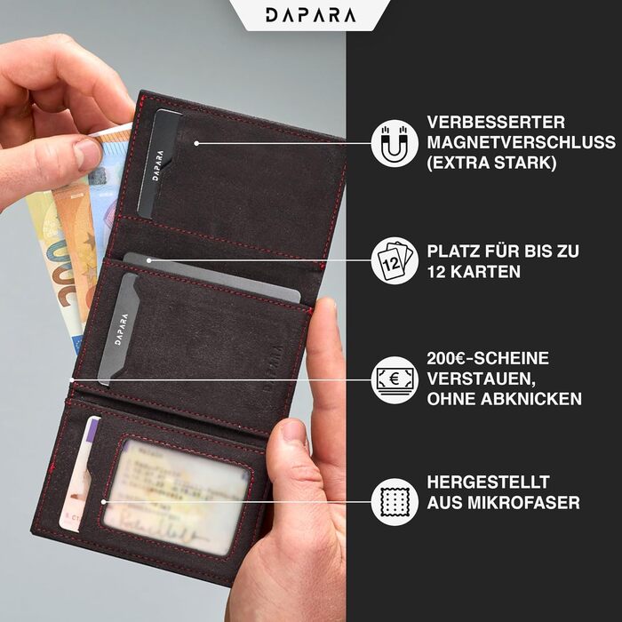 Чоловічий гаманець DAPARA | Тонкий гаманець з відділом для монет та RFID-захистом | Портмоне для чоловіків | Для 12 карт | Гаманець з карбоновим покриттям, червоний (мікрофібра)