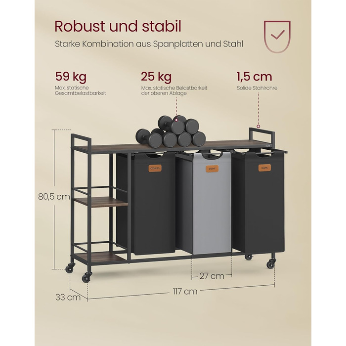 VASAGLE Laundry Basket with 3 Compartments, Laundry Collector 150 L, Laundry Sorter, Wheels, Laundry Cart with Shelves, Laundry Bag, with Removable Bags, 6 Labels, Chestnut Brown-Ink Black-Dove Gray BLH312B01