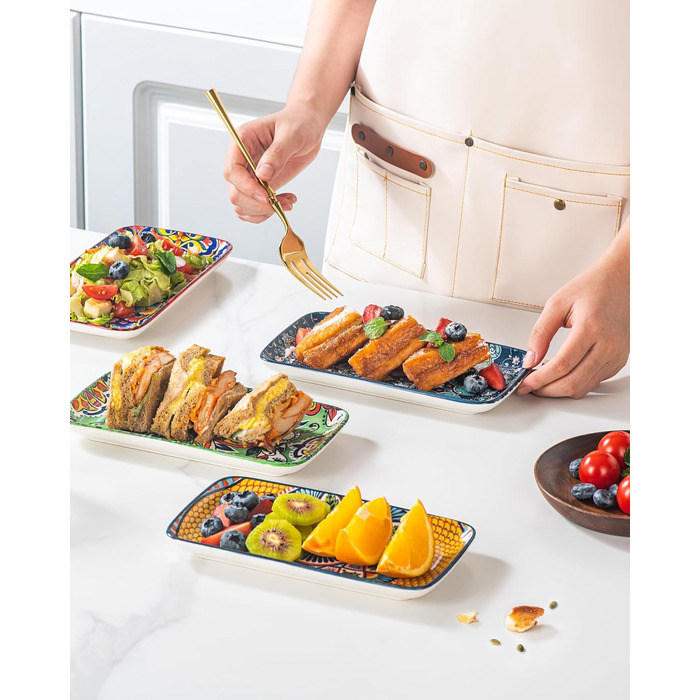 Сервіровочні тарілки HENXFEN з порцеляни, 25.4 см, набір прямокутних тарілок, 25.4 x 17.8 см, для салату, закусок, сашімі, богемний квітковий дизайн у 6 яскравих кольорах (прямокутна тарілка 20.3 см)