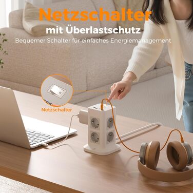 Розподільник розеток TESSAN з 8 розеток, 2 USB-C, захистом від перенапруги, 4 USB, вимикачем та кабелем 2м (сірий/білий)