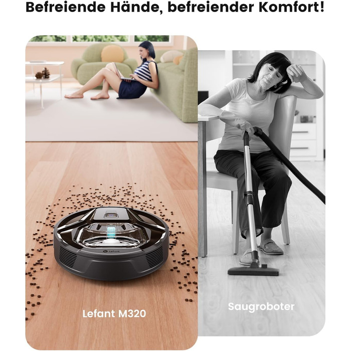 Робот-пилосос LEFANT M320 з функцією миття, потужність 6000 Па, уникнення перешкод, розпізнавання килимів, керування через додаток/Alexa, зона заборони, чорний