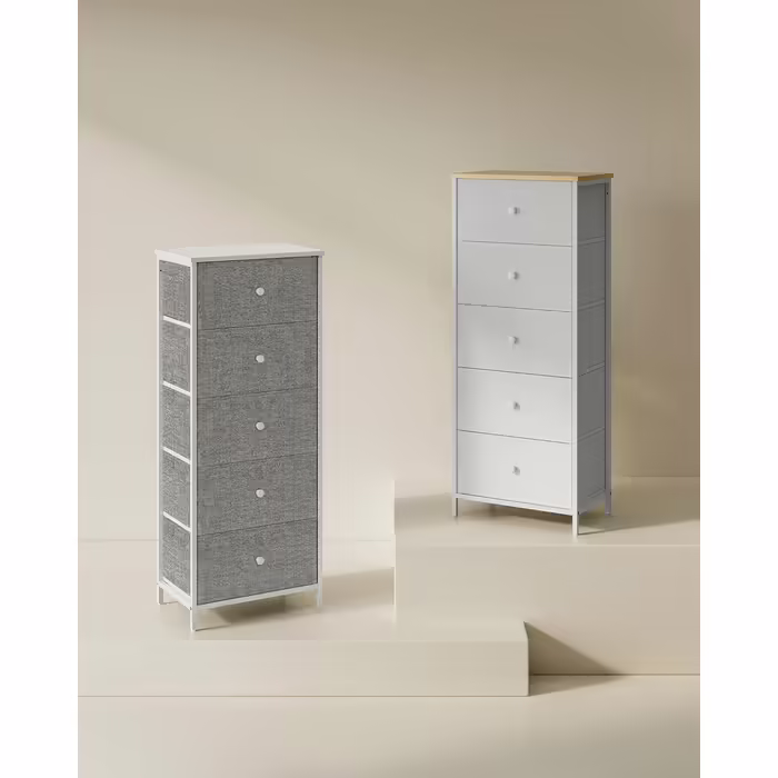 SONGMICS Chest of Drawers, Storage Cabinet with 4 Fabric Drawers, Metal Frame, Tall and Narrow, White-Oak Finish LTS314W57 (Pigeon Gray + Cream White, 29.8W x 45D x 112.3H cm (5 Drawers))