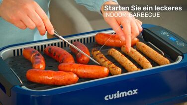 CUSIMAX Steak Grill | 1500W Table Grill Electric | BBQ Grill for Indoor and Outdoor Use | Electric Grill with Lid, Touchscreen Temperature Control, Oil Collection Tray, and Removable Grill Plate Blue