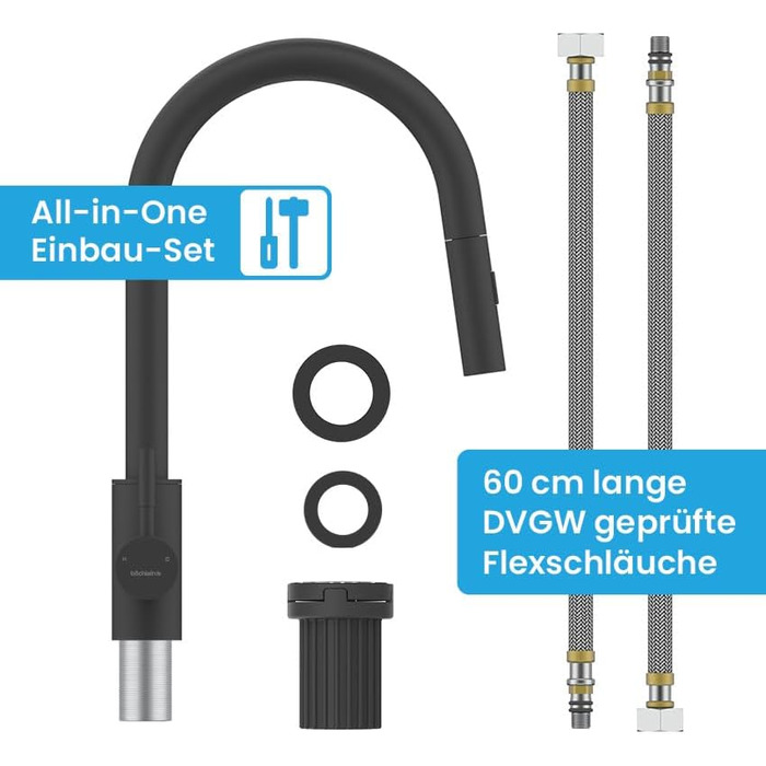 Кухонний змішувач Bächlein Plivo з нержавіючої сталі (щіткова обробка) – одноручний висувний кран для кухні з поворотним виливом 360° (матова чорна обробка)