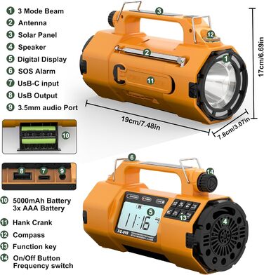 Радіоприймач аварійний з NOAA-сповіщеннями про погоду, сонячна/ручна зарядка, SW/AM/FM, для виживання, USB-зарядка, акумуляторна батарея, ліхтарик, годинник, SOS-сигнал для дому та подорожей